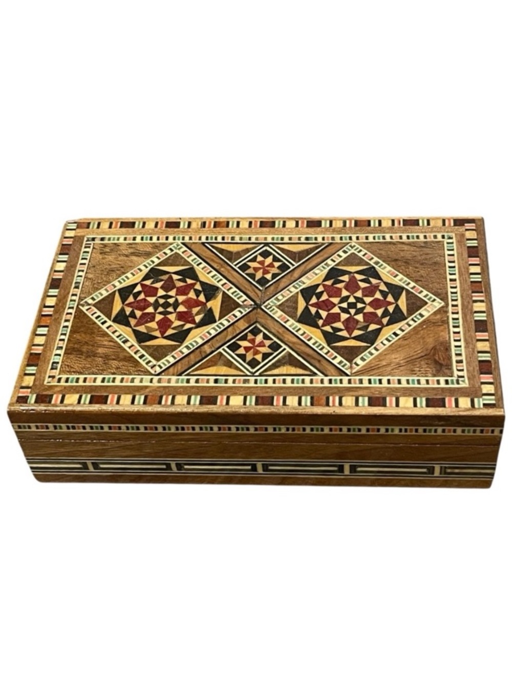 Micro Mosaic Inlay Wood Hinged Jewelry Box Red Velvet Lined Hand Crafted